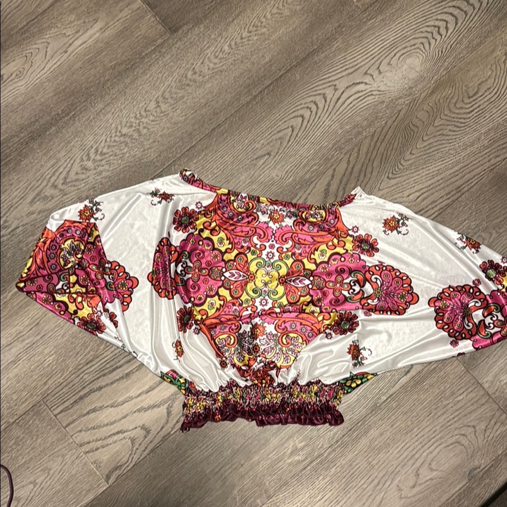 Boho Satin Graphic Dolman Sleeve Blouse